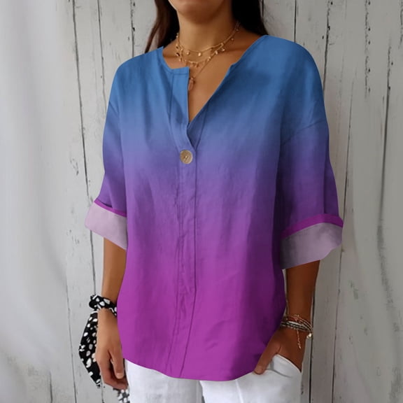 Sakmal Work Women's Blouses Plus Size Purple Button Down Shirts Gradient Long Sleeve V Neck Blouses for Women