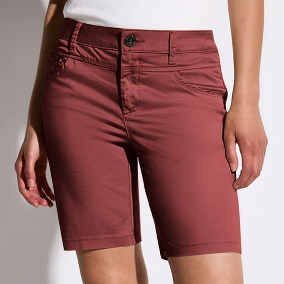 Sakmal Work Women's Khaki Shorts High Waisted Straight Leg Knee Length Chino Solid Comfy Red Ladies Shorts with Pockets