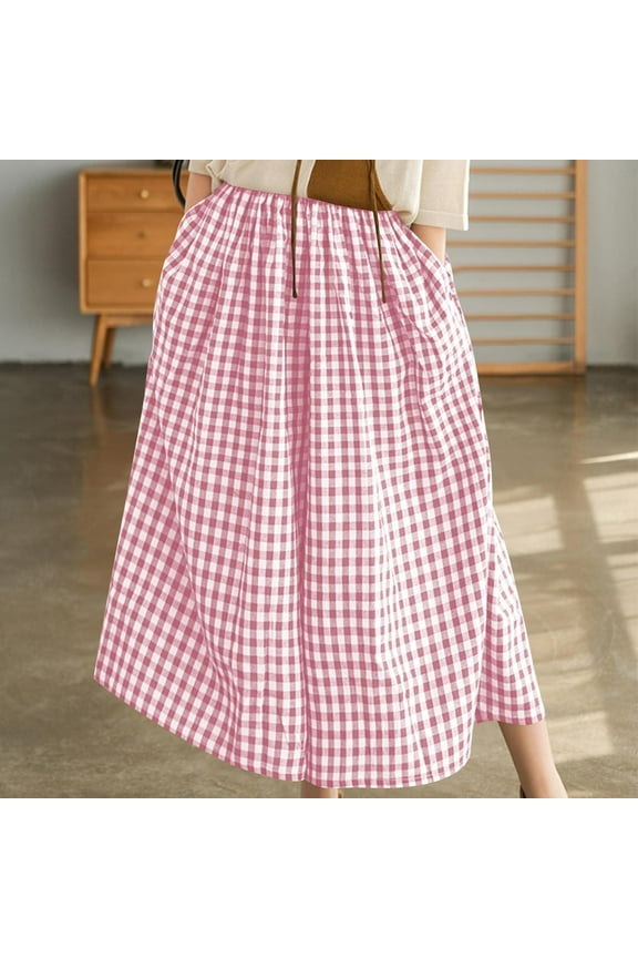 Work Women's Pants Flowy Wide Leg High Waisted Culottes Pink Plaid Pants with Pockets