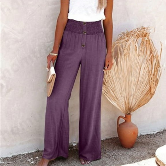 Sakmal Work Women's Pants Palazzo High Waisted Wide Leg Cotton Linen Purple Solid Pants with Pockets
