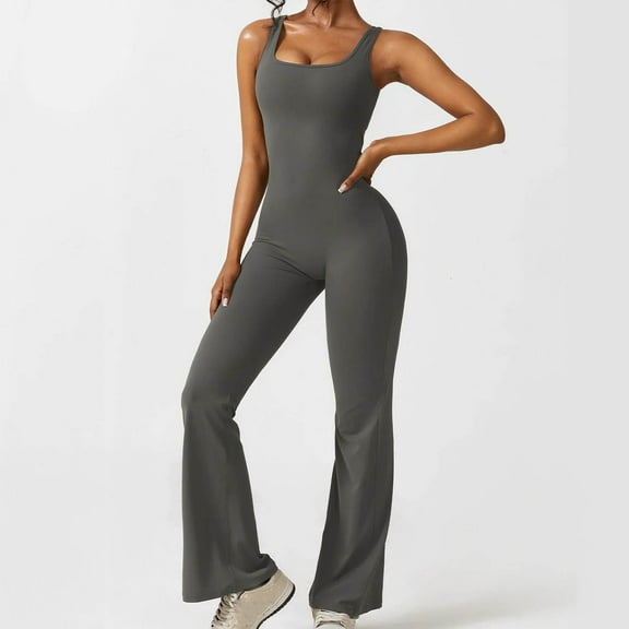 Sakmal Workout Jumpsuit Women Straight Leg Gym Yoga Solid Overalls Sleeveless Full Square Neck Gray Pants with Pockets