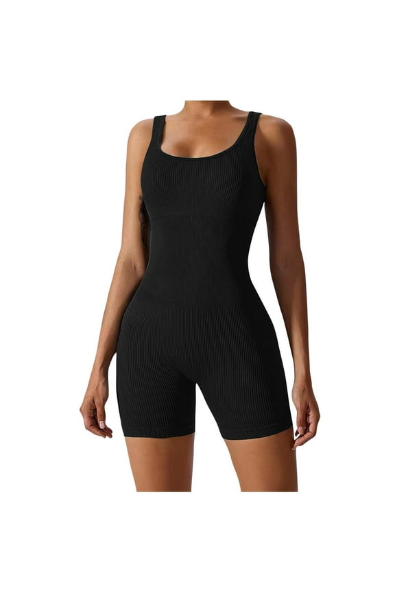 Workout Womens Rompers for Summer Athletic Black Sleeveless Square Neck Short Jumpsuits Ribbed Rompers