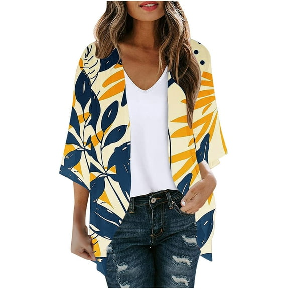 Sakmal Yellow Coats for Women Plus Size Lightweight Cover-Up Elbow-Length Flowy Cardigan Chiffon Graphic Loose Fit Womens Jackets and Coat