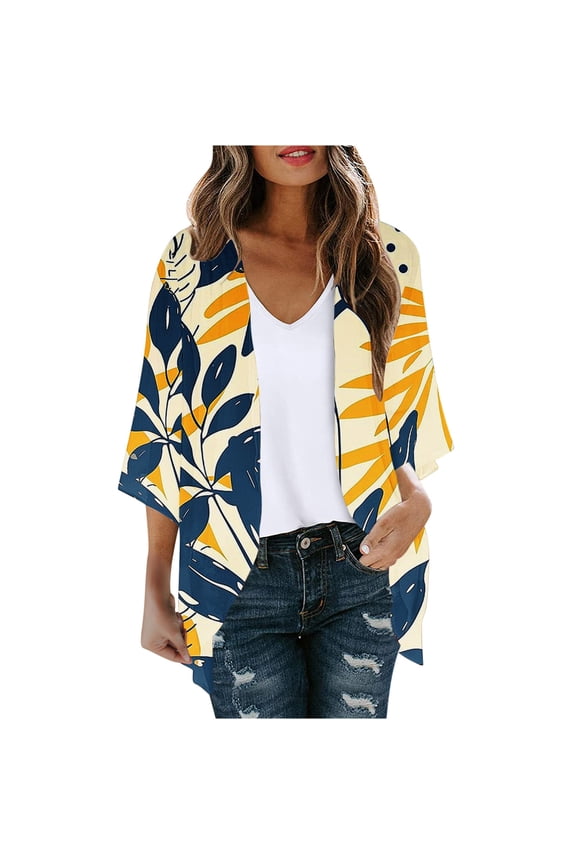 Yellow Coats for Women Plus Size Lightweight Cover-Up Elbow-Length Flowy Cardigan Chiffon Graphic Loose Fit Womens Jackets and Coat
