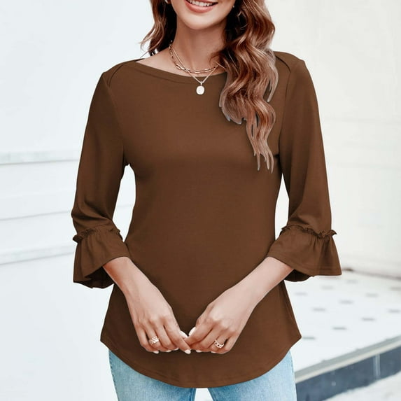 Sakmal Yellow Ladies Tops Plus Size 3/4 Sleeve Ruffle Sleeve Solid Crew Neck Tunic Ladies Shirts $5