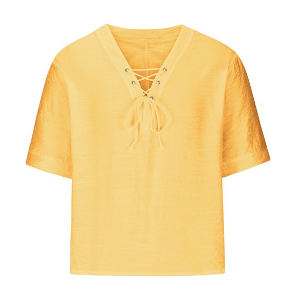 Sakmal Yellow Mens Tshirts V-Neck Short Sleeve Solid Loose Fit Tees Tops