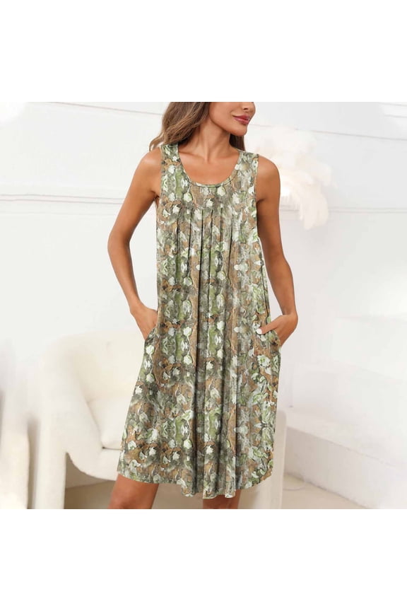 Yellow Moo Moos for Women Tank Nightgown Vintage Knee Length Cute Night dress Sleeveless Floral Sleep Tanks with Pockets