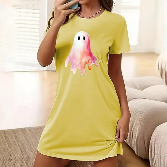 Sakmal Yellow Moomoo Nightgowns Women Plus Size Stretchy Cloud-Like Halloween Moomoo Dress Short Sleeve Short Crew Neck Ghost Print Nightgowns S-2XL