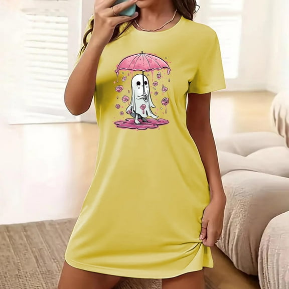 Sakmal Yellow Moomoo Womens Nightgown Spooky Season Short Cute Night dress Ghost Print Short Sleeve Nightgowns for Women
