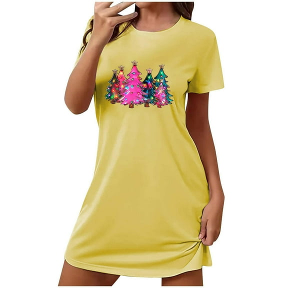 Sakmal Yellow Night dress for Women Christmas Lightweight Comfy Loose Mumu Dress Christmas Trees Print Short Sleeve Crew Neck Short Nightgowns S-2XL