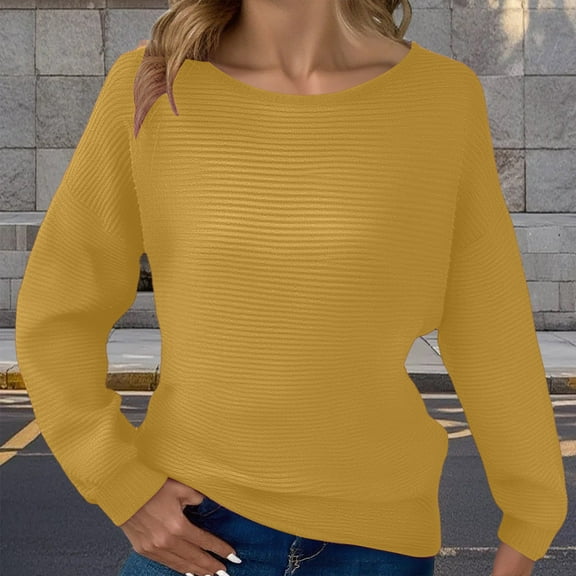Sakmal Yellow Sweaters for Women Oversized Ribbed Pullover Cozy Tops Fashion Long Sleeve Crew Neck Sweaters for Women