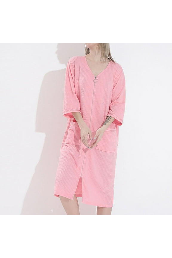 Zip Front Womens Robes Waffle Kimono Long Length Plus Size Bathrobe for Women Cute Pink Ladies Robe XL
