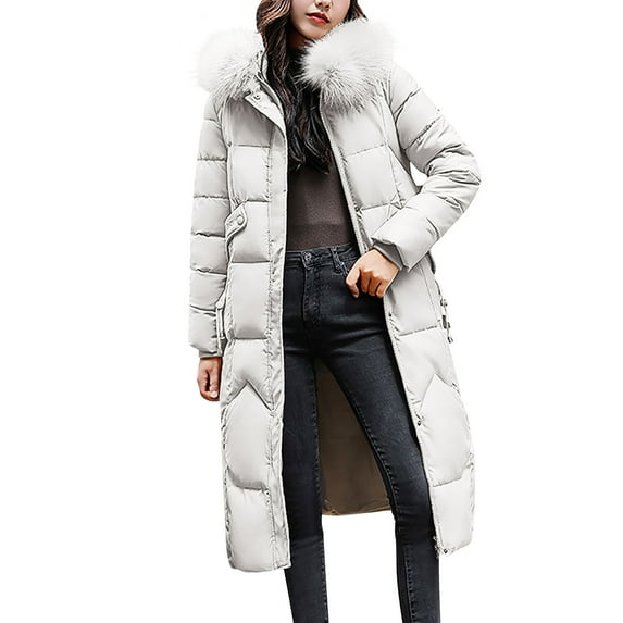 Sakmal Zip Up Winter Coats for Women Puffer Warm Hooded Quilted Down Jackets Parka Long Overcoat White Windproof Coats for Women