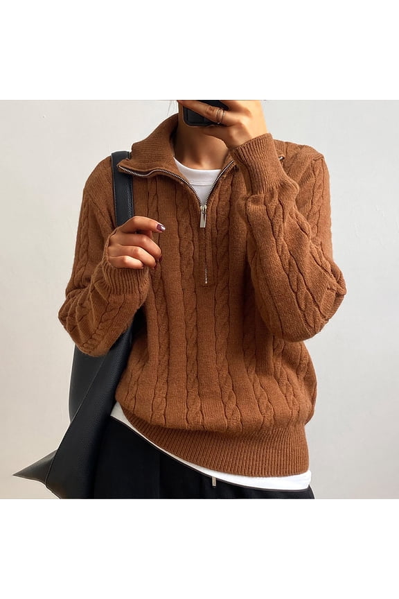 Zip-Up Woemns Sweaters Cable Knit Cotton Brown Cozy Tops V Neck Long Sleeve Casual Solid Sweaters for Women