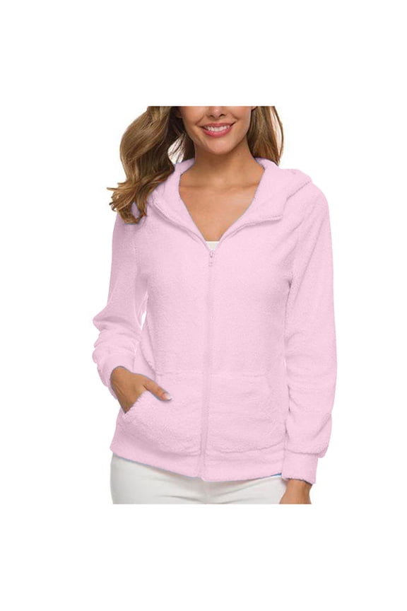 Zip Up Womens Jackets Pink Workout Fleece Jacket Streetwear Cropped Solid Coats for Women
