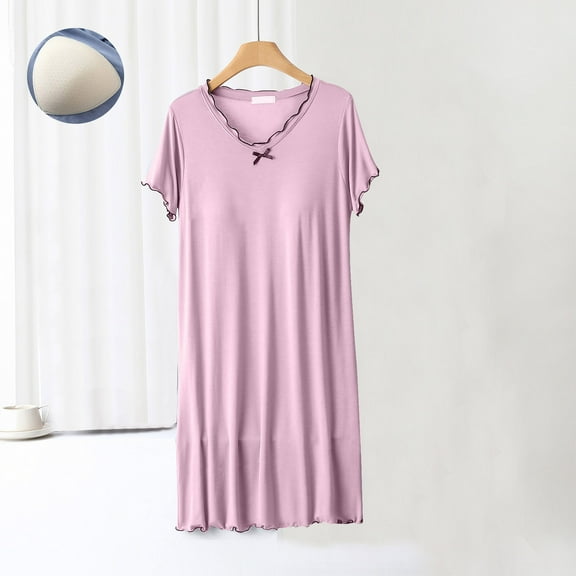Sakmal with Padded Moomoos for Women Sleep Modal Pink Ultra-Soft Cozy Moomoo Dress Short Sleeve Short Solid V-Neck Nightgowns M-2XL