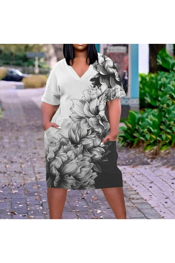 with Pocket Dresses for Women 2024 Loose Fit Floral Comfort Fit Short Sleeve Mid-Length Shift Dress