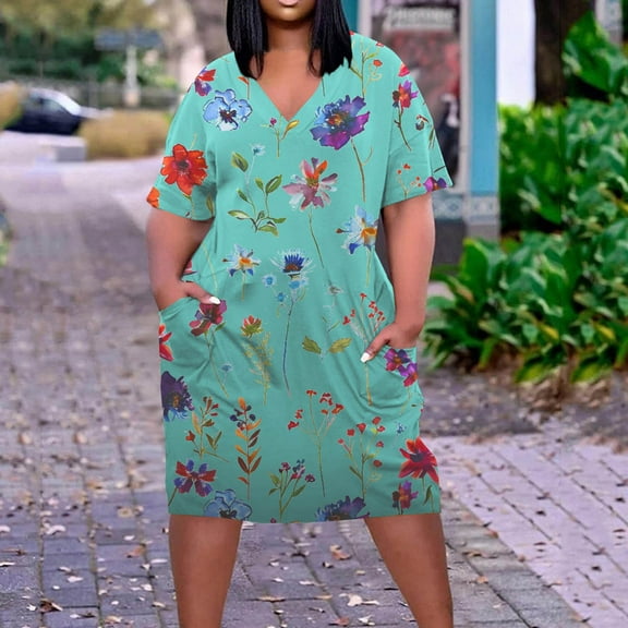 Sakmal with Pocket Summer Dresses for Women 2024 Floral Green Short Sleeve Oversized Mid-Length Shift Dress