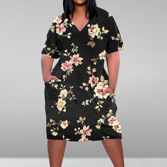 Sakmal with Pocket Summer Dresses for Women Under $10 Oversize Floral Short Sleeve Black Comfort Fit Mid-Length Shift Dress