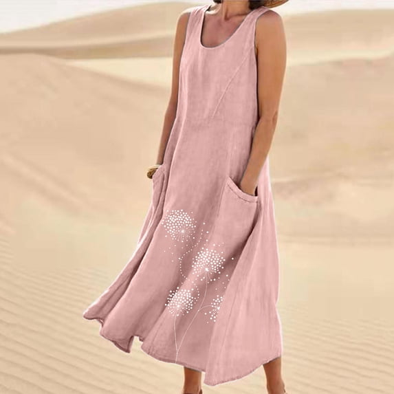 Sakmal with Pocket Sun Dresses for Women 2024 Loose Fit Graphic Pink Sleeveless Comfort Fit Maxi Slip Dress