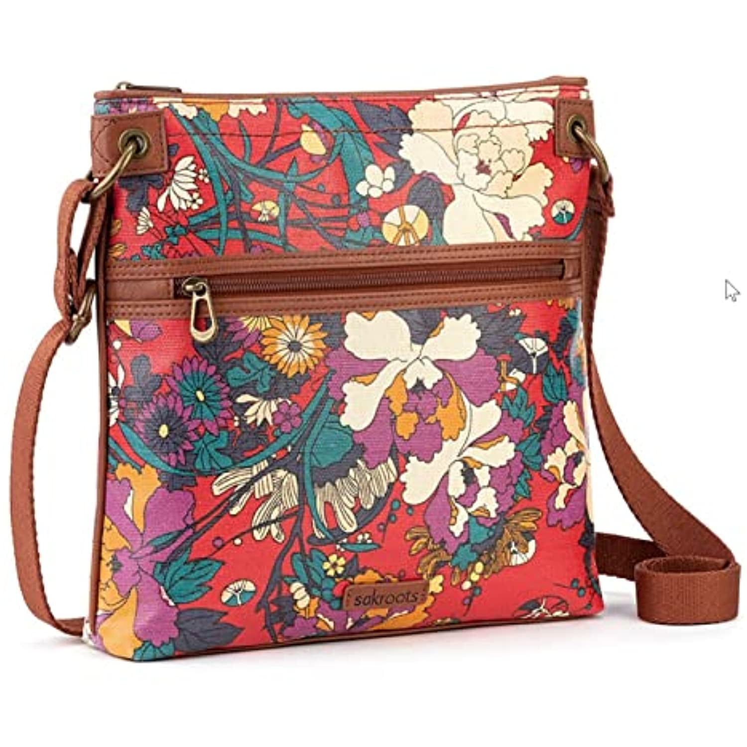 Sakroots Artist Circle Flat Crossbody Crimson Flower Power