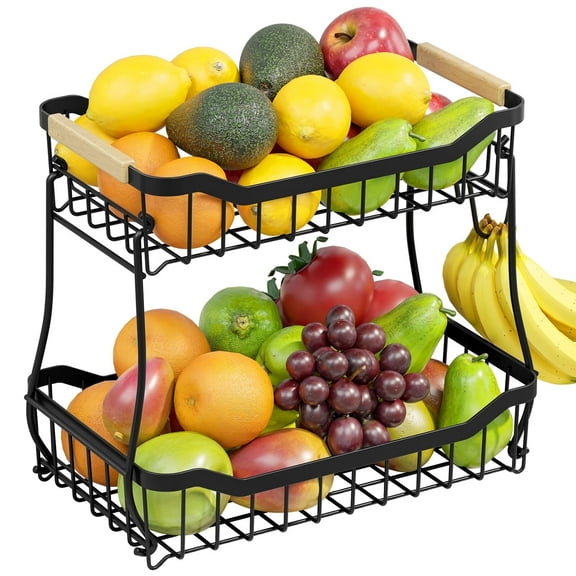 Sakugi 2-Tier Fruit Basket with Wooden Handle, Detachable Fruit Basket for Kitchen counter, Black, 7.3" D x 11.2" W x 10.3" H