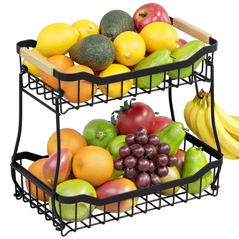 Sakugi 2-Tier Fruit Basket with Wooden Handle, Detachable Fruit