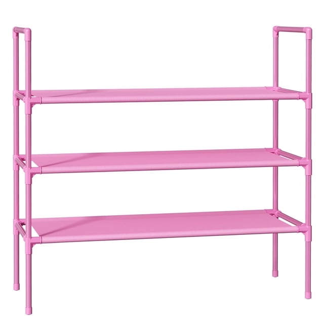 Sakugi 3-Tier Shoe Rack, Sturdy Shoe Organizer, Shoe Shelf Holds up to 16 Pairs of Shoes, Assembled Length, 28 in, Pink