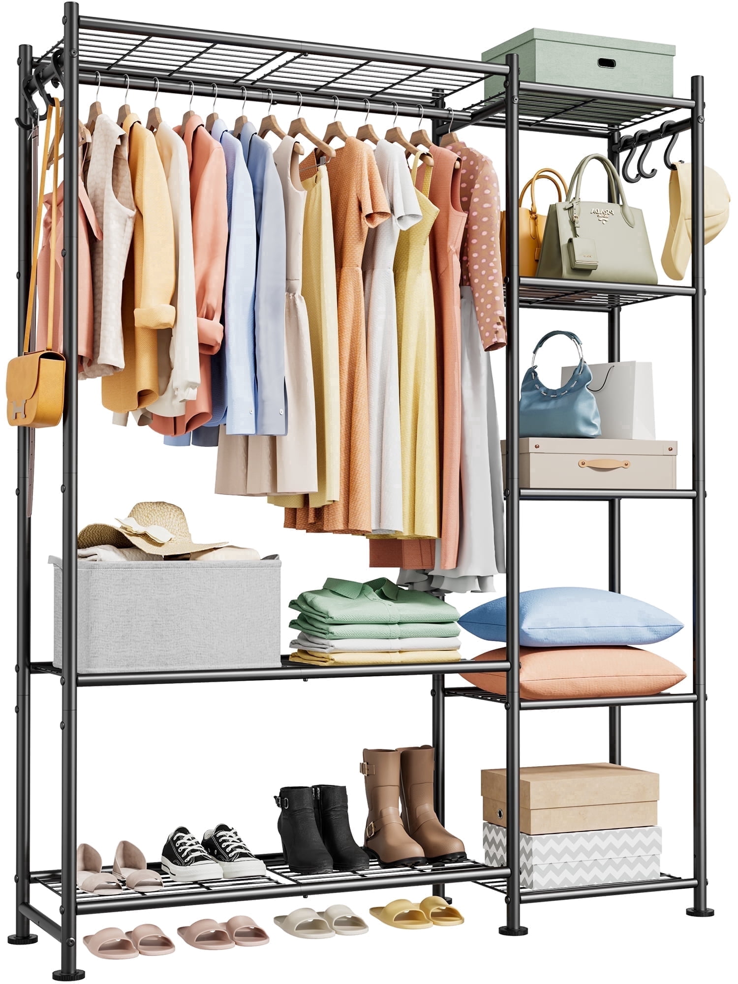 Sakugi Closet Organizers and Storage. Free Standing Clothes Rack with 6 Hooks, Leveling Feet & Wall Anchor, Wardrobe Closet for Bedroom or Laundry Room, 48.8" x 12.6" x 61.0", Black