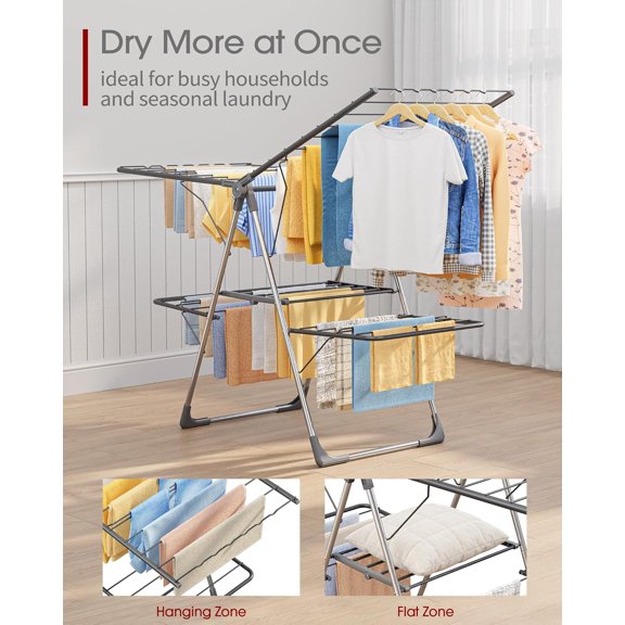Sakugi Clothes Drying Rack, Foldable 2-Level Laundry Rack with Height-Adjustable Wings, for Clothing & Bedding, Free-Standing Space-Saving Indoor Outdoor, 55.5" L 22.8" W, Gray