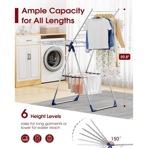 Sakugi Clothes Drying Rack with Height-Adjustable Wings, Metal Foldable Laundry Dryer Stand for Clothing & Bedding, Free-Standing Collapsible Indoor Outdoor Use, 55.5" L 22.8" W, Silver Blue