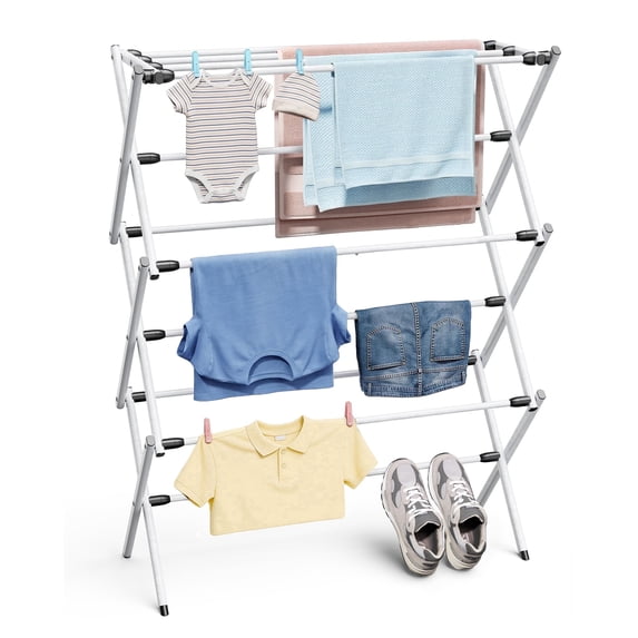 Sakugi Clothes Drying Rack, Foldable Metal Laundry Dryer for Outdoor, Balcony & Laundry Room Organization, White, 29.2" x 11.2" x 37.0"
