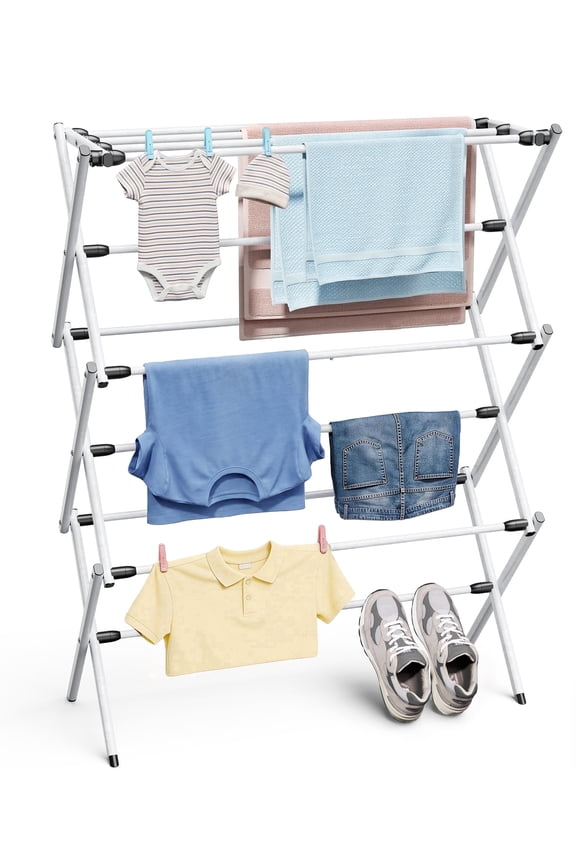 Clothes Drying Rack, Foldable Metal Laundry Dryer for Outdoor, Balcony & Laundry Room Organization, White, 29.2" x 11.2" x 37.0"