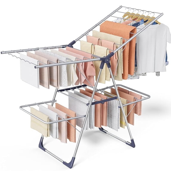 Sakugi Clothes Drying Rack, 2-Tier Foldable Laundry Drying Rack for Clothing with 32 Rods, Rustproof, Freestanding, for Indoor & Outdoor, 55" x 22.8" x 36.5", Silver and Blue
