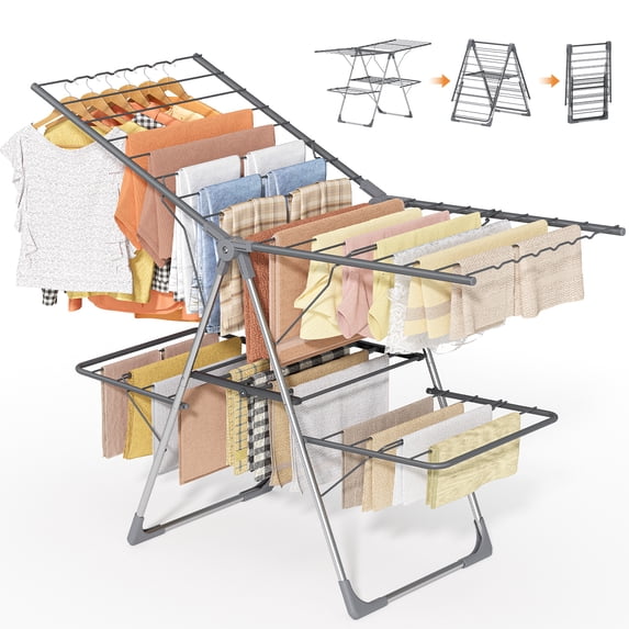 Sakugi Clothes Drying Rack, 2-Tier Foldable Laundry Drying Rack for Clothing with 32 Rods, Rustproof, Freestanding, for Indoor & Outdoor, 55" x 22.8" x 36.5", Gray