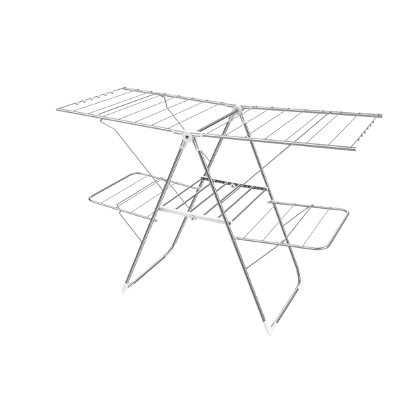 Sakugi Clothes Drying Rack, 2-Tier Foldable Laundry Drying Rack for Clothing with 32 Rods, Rustproof, Freestanding, for Indoor & Outdoor, 55" x 22.8" x 36.5", Silver and White