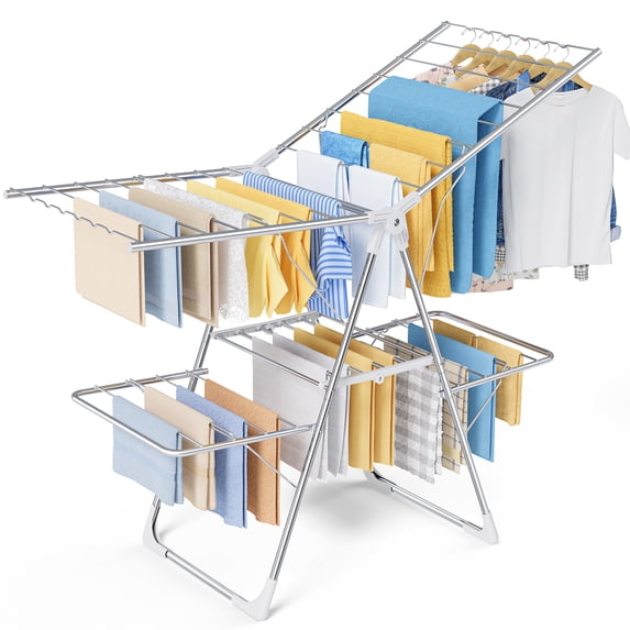 Sakugi Clothes Drying Rack, 2-Tier Foldable Laundry Drying Rack for Clothing with 32 Rods, Rustproof, Freestanding, for Indoor & Outdoor, 55" x 22.8" x 36.5", Silver and White