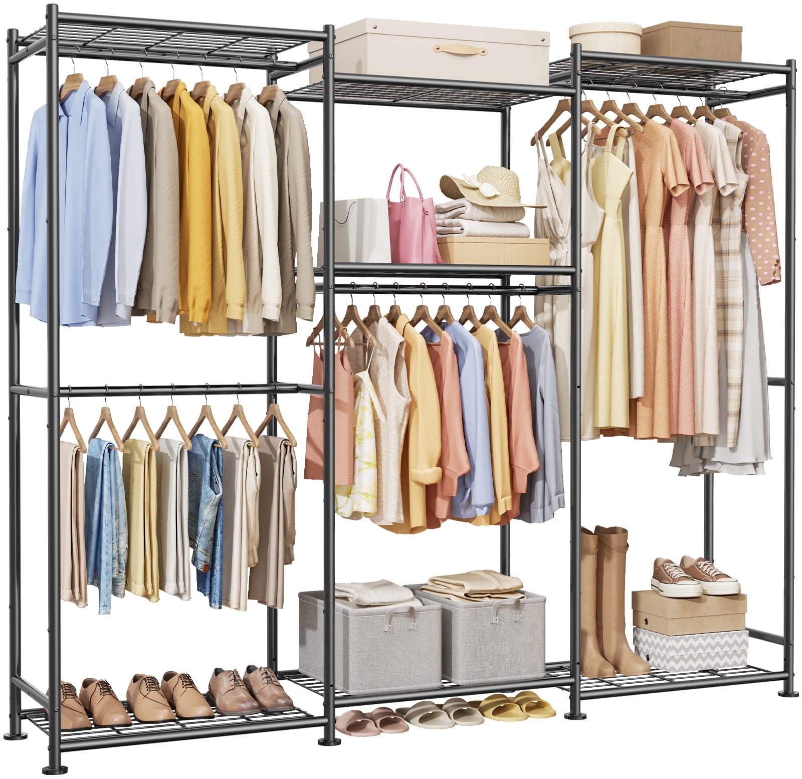 Sakugi Clothes Rack - Rustproof Steel Clothing Racks for Hanging Clothes with Leveling Feet & Wall Anchor Kit, Wardrobe Closet for Bedroom, Living Room, Laundry, 63" x 12.6" x 71.7", Black