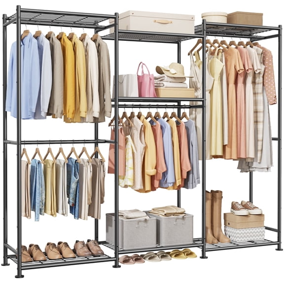 Sakugi Clothes Rack - Rustproof Steel Clothing Racks for Hanging Clothes with Leveling Feet & Wall Anchor Kit, Wardrobe Closet for Bedroom, Living Room, Laundry, 63" x 12.6" x 71.7", Black