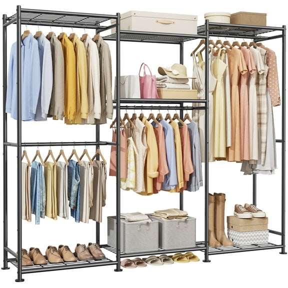 Sakugi Clothes Rack - Rustproof Steel Clothing Racks for Hanging Clothes with Leveling Feet & Wall Anchor Kit, Wardrobe Closet for Bedroom, Living Room, Laundry, 63" x 12.6" x 71.7", Black