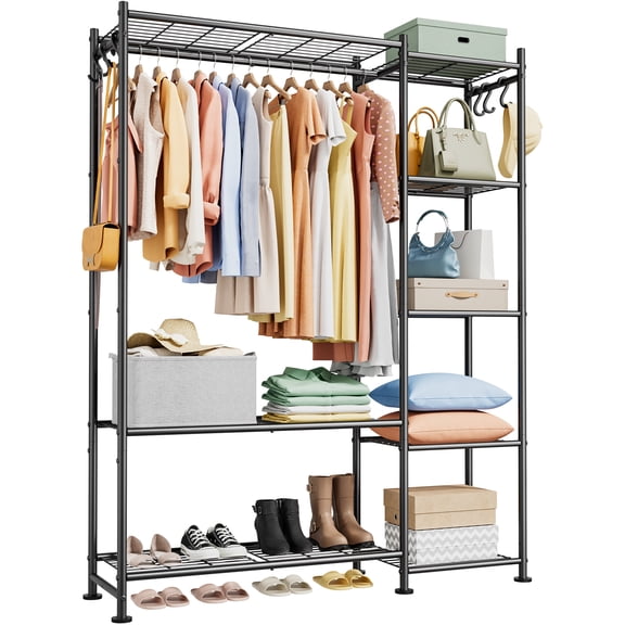 Sakugi Closet Organizers and Storage - Free-Standing Clothes Rack with 6 Hooks, Leveling Feet & Wall Anchor, Wardrobe Closet for Bedroom or Laundry Room, 48.8" x 12.6" x 62.2", Black