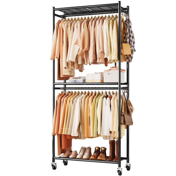 Sakugi Clothes Rack, Heavy-Duty Garment Rack with Shelves & Wheels, Freestanding Wardrobe Organizer with Hooks, Ideal for Bedroom, Laundry, or Balcony, 32.5" x 11.9" x 78.9", Black