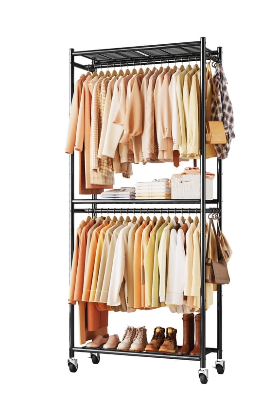 Clothes Rack, Heavy-Duty Garment Rack with Shelves & Wheels, Freestanding Wardrobe Organizer with Hooks, Ideal for Bedroom, Laundry, or Balcony, 32.5" x 11.9" x 78.9", Black