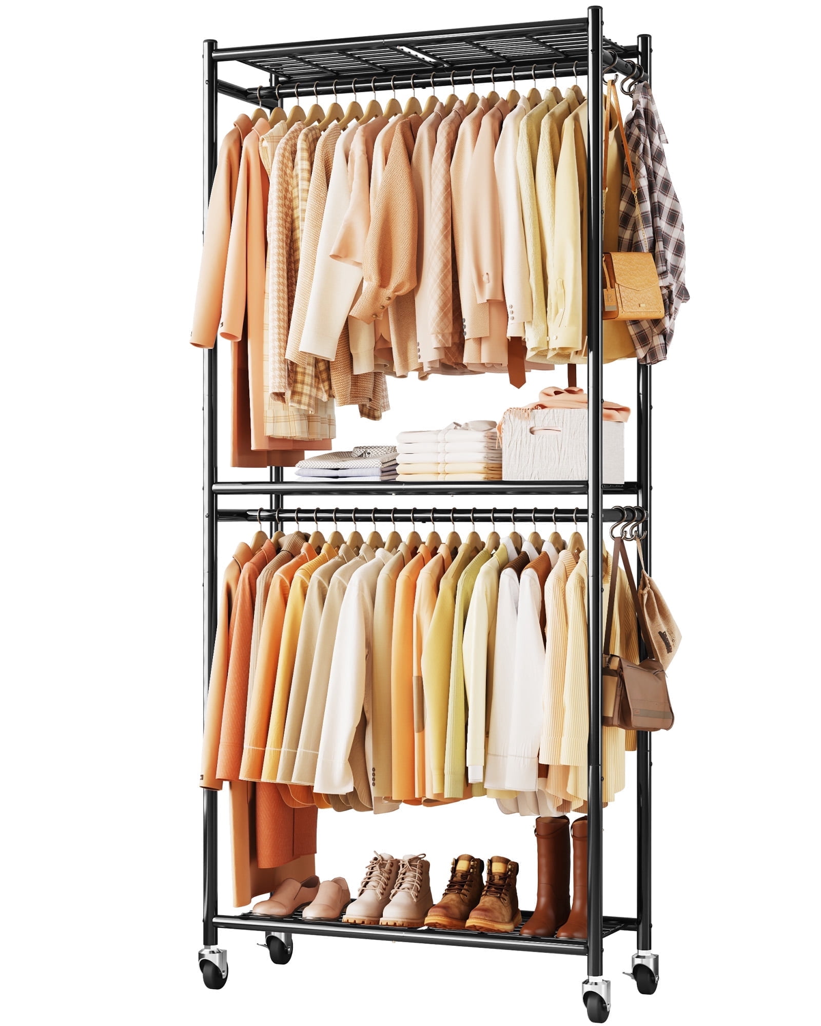 Body Clothes Rack Sakugi Clothes Rack, Heavy-Duty Garment Rack with Shelves & Wheels ...