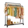 thumbnail image 1 of Sakugi Clothes Rack, Double-Rod Garment Rack with Hooks & Mesh Shlef, Versatile Clothing Racks for Hanging Clothes, Hats, Bags, Portable Hanger for Bedroom, Laundry, 47.2"×16.9"×58.5", X-Large, Black, 1 of 3
