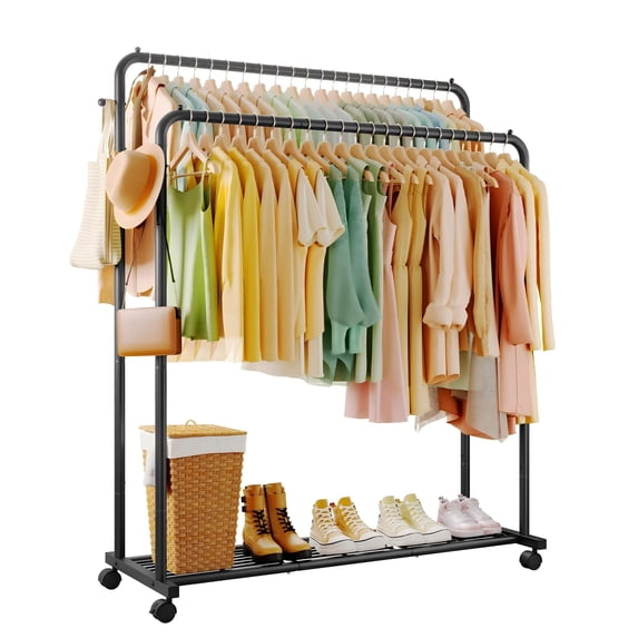Sakugi Clothes Rack, Double-Rod Garment Rack with Hooks & Mesh Shlef, Versatile Clothing Racks for Hanging Clothes, Hats, Bags, Portable Hanger for Bedroom, Laundry, 47.2"×16.9"×58.5", X-Large, Black