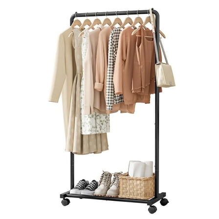 Sakugi Clothes Rack with Wheels, Clothing Racks for Hanging Clothes and Shoes, Black