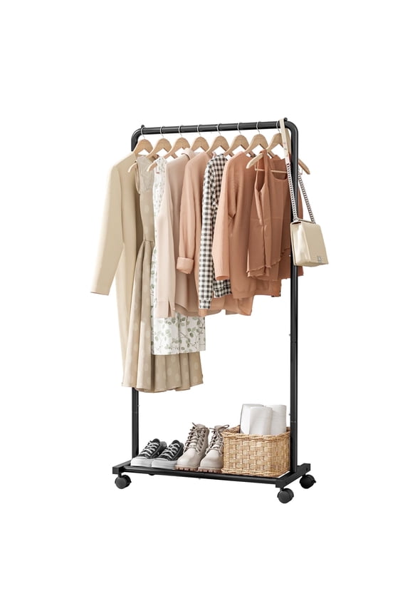 Clothes Rack with Wheels, Clothing Racks for Hanging Clothes and Shoes, Black