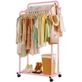 thumbnail image 1 of Sakugi Clothes Rack, Double-Rod Garment Rack with Hooks & Mesh Shlef, Versatile Clothing Racks for Hanging Clothes, Hats, Bags, Portable Hanger for Bedroom, Laundry, 32.7"×16"×59.1", Pink, 1 of 1