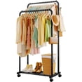 thumbnail image 1 of Sakugi Clothes Rack - Double Rods Clothing Rack with Mesh Shelf, Hooks & Wheels, Metal Clothing Racks for Hanging Clothes & Bags, Multifunctional Garment for Laundry, Black, 28.7"x16.5"x59.1", 1 of 8